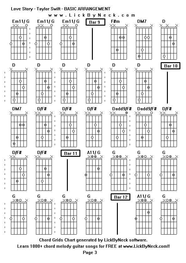 Chord Grids Chart of chord melody fingerstyle guitar song-Love Story - Taylor Swift - BASIC ARRANGEMENT,generated by LickByNeck software.